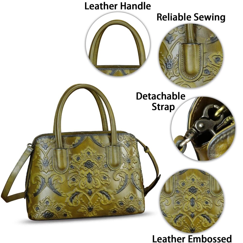 9937 Leather Handbag Top Handle Satchel Handmade Retro Embossed Leather - Picture 6 of 7